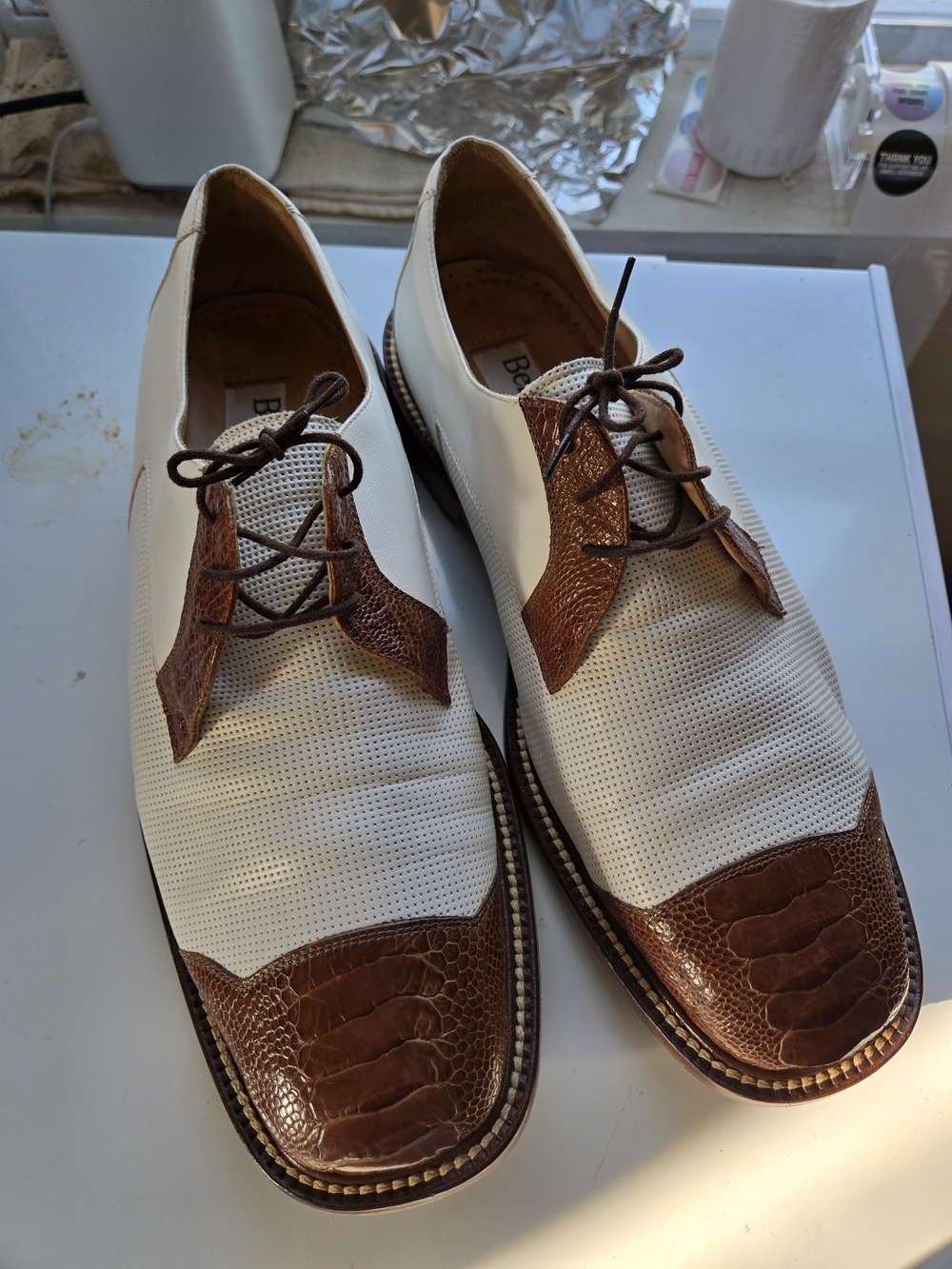 Vintage Belvedere Men's Two-Tone White & Brown Lace-Up Spectator Oxfords Sz 10.5